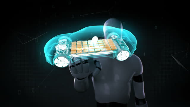 Robot,-cyborg-tocando-electrónico,-coche-híbrido,-cargando-la-célula-de-la-batería-de-iones-de-litio.-coche-de-eco.-coche-futuro-ecológico.-4k.1.