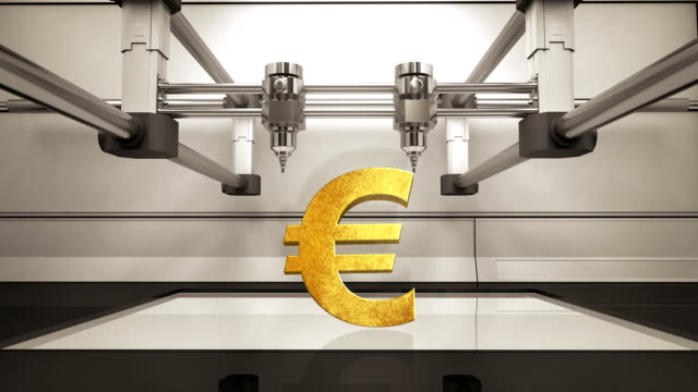3D-Drucker-machen-Geld-gold-Eurowährung-zu-unterzeichnen,-3D-Scanner