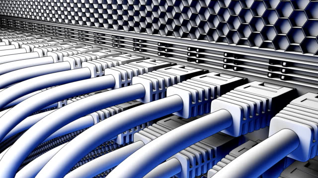 Server-cables-and-connectors-dolly-shot.-Cloud-technologies,-ISP-and-IT-startup-concepts.-FullHD-cartoon-seamless-loop-animation