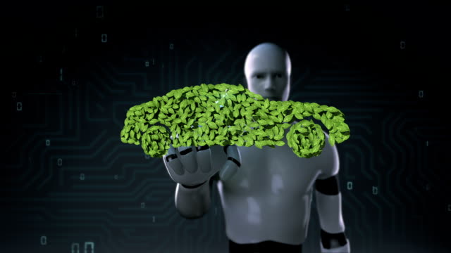 Robot-tocando-el-coche-eco-verde-hecha-de-hojas.-hojas.