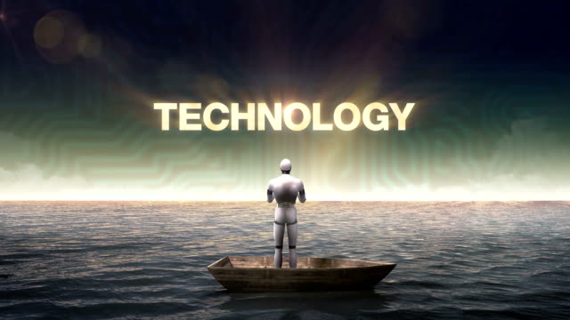 Rising-'Technology',-front-of-Robot-on-ship,-ocean,-sea.