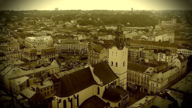 Retro-video-recording-of-medieval-Roman-Catholic-cathedral-in-Lviv,-Ukraine