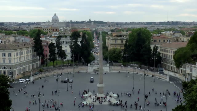 Egyptian-obelisk-of-Ramesses-in-the-centre-of-Piazza-del-Popolo,-aerial-view