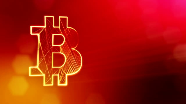 Zeichen-der-Bitcoin-Logo.-Finanzieller-Hintergrund-aus-Glühen-Teilchen-als-Vitrtual-Hologramm.-Glänzende-Schleife-3D-Animation-mit-Tiefe-Feld,-Bokeh-und-Kopie.-Roten-Hintergrund-v1