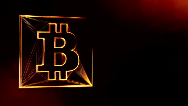 Sign-of-bitcoin-in-a-square-card.-Financial-background-made-of-glow-particles-as-vitrtual-hologram.-Shiny-3D-loop-animation-with-depth-of-field,-bokeh-and-copy-space.-Dark-background-1