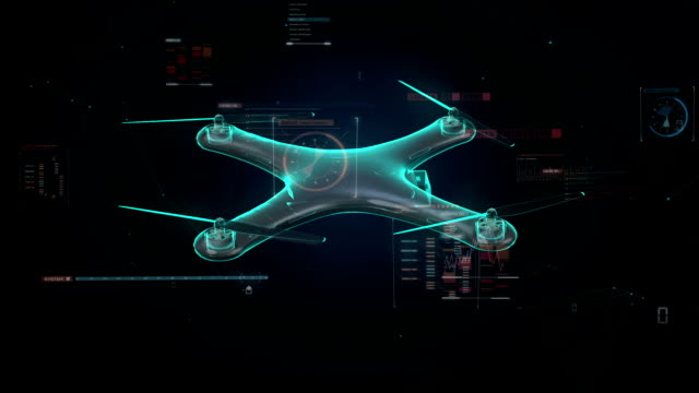 Rotating-Drone,-Quadrocopter,-with-futuristic-user-interface,-Virtual-graphic.-blue-x-ray-image.