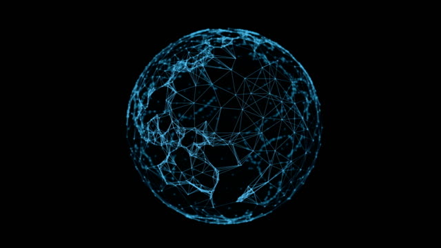 Planetenerde.-Blaue-Kugel-Form-Ball-mit-digitalen-Daten-und-Netzwerk-Dreieck-Anschlussleitungen-für-Technologie-Konzept-auf-schwarzem-Hintergrund-isoliert.-Motion-Grafik.-abstrakte-3D-Illustration
