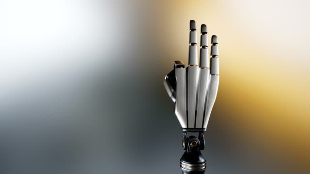 Cyborg-robotic-palm-counts-by-fingers.-Metal-shines,-abstract-dark-background,-60-fps-animation,-with-alpha-matte.