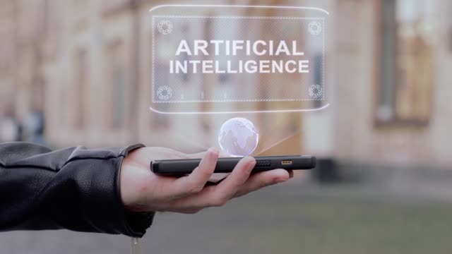 Männliche-Hände-zeigen-auf-Smartphone-konzeptionelle-HUD-Hologramm-künstliche-Intelligenz