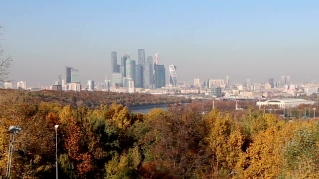 View-of-central-Moscow-from-Sparrow-Hills-or-Vorobyovy-Gory-observation-(viewing)-platform---is-on-a-steep-bank-85-m-above-the-Moskva-river,-or-200-m-above-sea-level.-Moscow,-Russia
