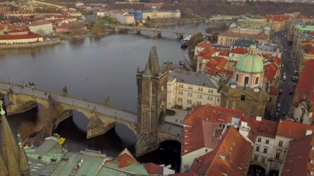 Prague,-aerial-view-of-Karlov-bridje.-Vltava-river