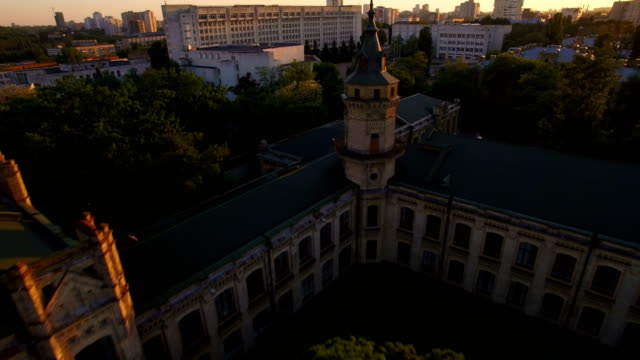 The-tower-of-the-old-university-at-sunset-Aerial