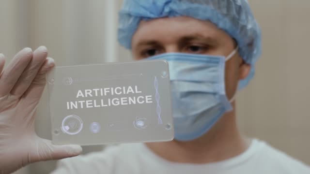 El-médico-utiliza-la-tableta-con-el-texto-Inteligencia-Artificial