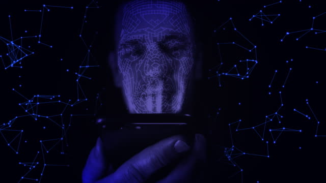 Smartphone-user-with-facial-recognition-in-a-digital-network-background.