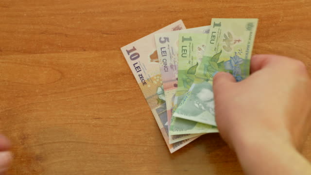 Mann-verteilt-rumänischeLei-auf-Schreibtisch-und-legte-50-Euro-beiseite