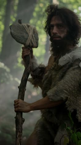 Portrait-of-Primeval-Caveman-Wearing-Animal-Skin-and-Fur-Hunting-with-Stone-Tipped-Spear-in-the-Prehistoric-Forest.-Neanderthal-Scavenging-with-Primitive-Tools.-Video-Footage-with-Vertical-Screen-9:16