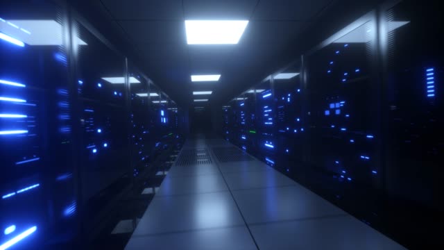Endless-flight-along-server-blocks.-Data-center-and-internet.-Server-rooms-with-working-flickering-panels-behind-the-glass.-Technology-corridor.-Camera-shaking.-Seamless-loop-3d-render