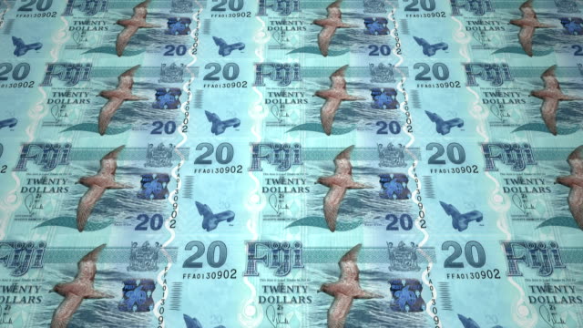 Banknoten-der-zwanzig-Fidschi-Fidschi-Dollar-Rollen,-Bargeld,-Schleife