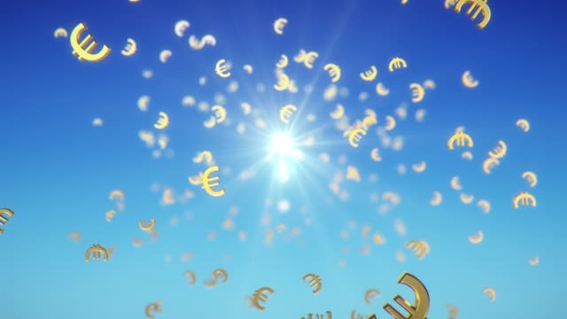 Euros-are-falling-in-slow-motion-on-blue-sky-background