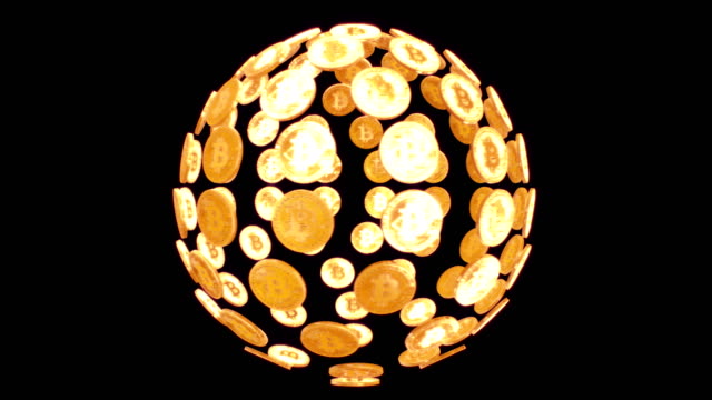 Rotating-sphere-of-golden-bitcoin-on-black-background-with-alpha-channel.