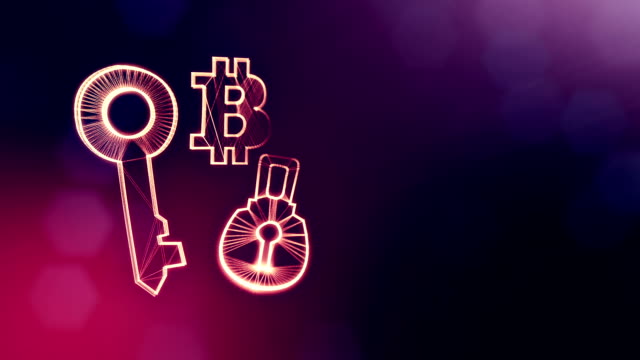Schlüssel-und-Bitcoin-Schlosssymbol.-Finanzieller-Hintergrund-aus-Glühen-Teilchen-als-Vitrtual-Hologramm.-Glänzende-Schleife-3D-Animation-mit-Tiefe-Feld,-Bokeh-und-Kopie.-Violettem-Hintergrund-1