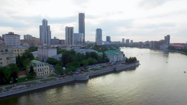 Aerial-Yekaterinburg-city-center-skyline-and-Iset-river.-Ekaterinburg-is-the-fourth-largest-city-in-Russia-and-the-centre-of-Sverdlovsk-Oblast.-Aerial-view-to-the-central-part-of-Yekaterinburg,-view-from-the-sky