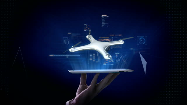 Elevación-smart-pad,-tablet,-robot-giratorio,-Quadrocopter,-con-interfaz-de-usuario-futurista,-gráfico-Virtual.-4k.