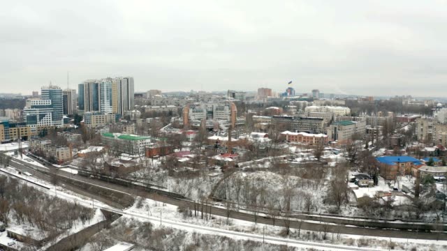 Aerial-view-on-winter-cityscape-of-downtown-area-in-Dnipro-city.