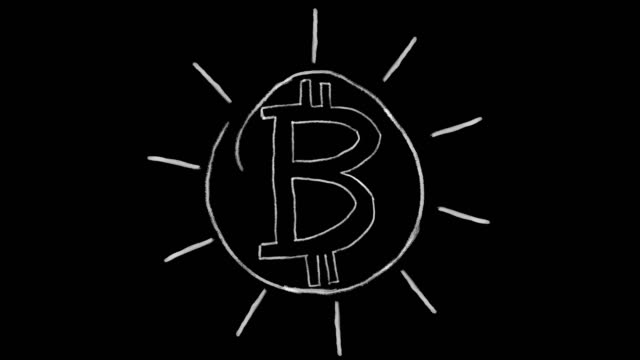 animierte-Bitcoin-Symbol,-Kreide-Strich-auf-einem-schwarzen-Hintergrund,-Ideal-für-Compositing,-Verwendung-als-Maske,-Ideal-für-Daten,-Wirtschaft,-Finanzen-und-internet