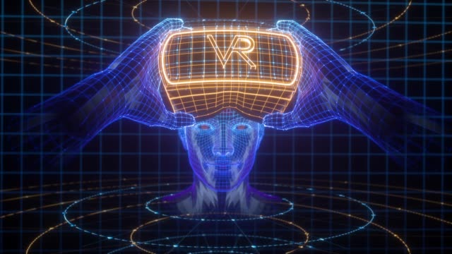 Virtual-Reality-Simulation,-Cyberspace-Tour,-tiefgreifendes-Lernen,-Spieler,-die-Videospiel-Intro,-Roboterkopf-in-der-Halterung-von-virtuellen-Brillen,-Gadget,-Benutzernetzverbindung