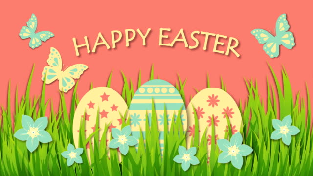 Happy-Easter-with-eggs,-flowers-and-butterflies