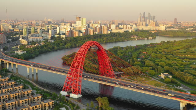 Aerial-view-of-the-modern-bridge-in-Moscow-at-sunset