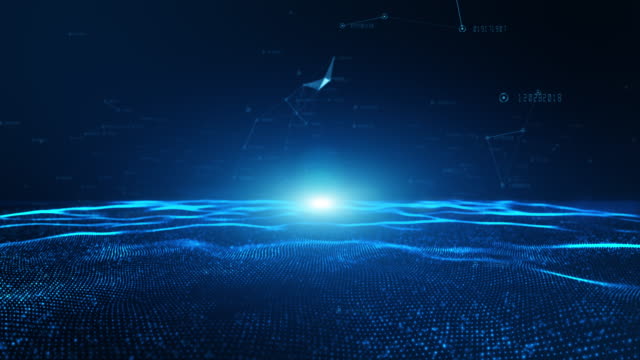 Abstrakte-blaue-digitale-Partikelwelle-und-digitale-Datennetzwerkverbindungen-für-einen-Technologie-,-Kommunikations--oder-Social-Media-Hintergrund.
