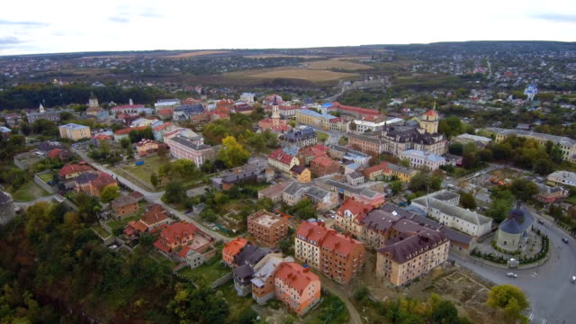 The-old-city-center-Kamenetz-Podolsky.-Aerial,-top-view-from-Drone.-Autumn-time.