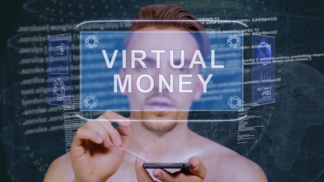Guy-interagiert-HUD-Hologramm-Virtuelles-Geld