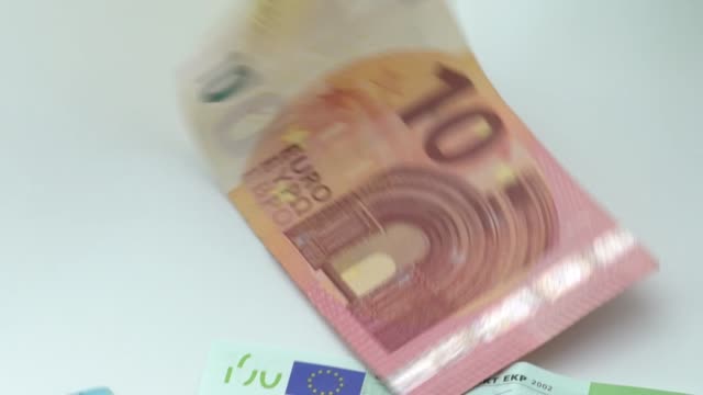 Slow-motion-of-euros-are-falling.-Banknotes-of-different-values.-Euro-cash