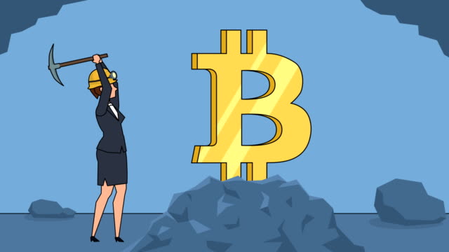 Flat-cartoon-businesswoman-personaje-minero-trabajando-con-pickaxe-negocio-bitcoin-minería-concepto-de-animación