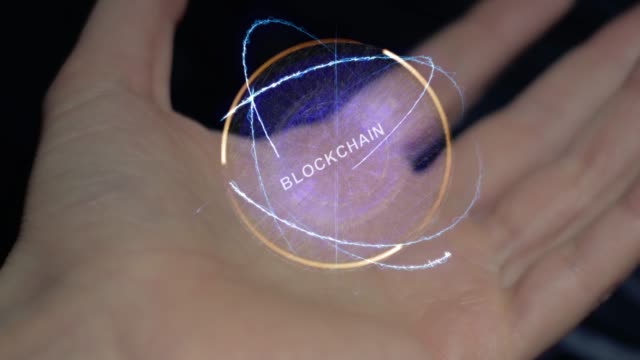 Blockchain-text-hologram-on-a-female-hand