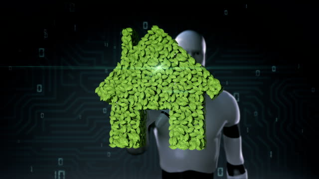 Roboter-Cyborg-Eco-grün-Haus-aus-leaves.leafs-zu-berühren.