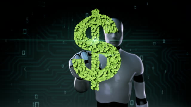 Cyborg-robot-tocando-el-signo-de-dólar,-la-hoja-verde-de-las-hojas.