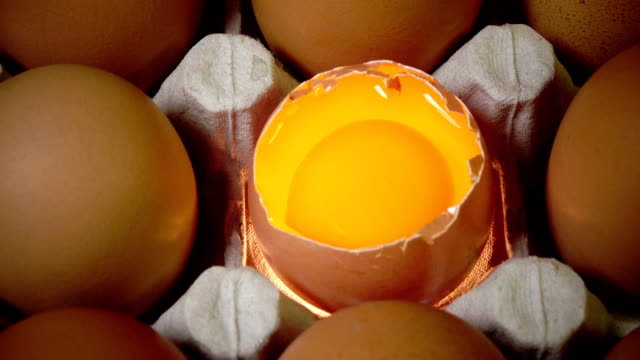 Huevos-yacen-en-el-soporte-de-cartón,-un-huevo-roto
