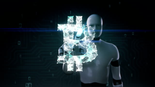 Robot,-cyborg-tocado-pantalla,-numerosos-puntos-se-reúnen-para-crear-un-signo-de-moneda-Bitcoin,-bajo-polígono-web.