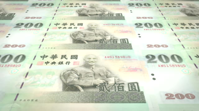 Banknoten-von-zweihundert-taiwanesische-Dollar-von-Taiwan-Rollen,-Bargeld,-Schleife