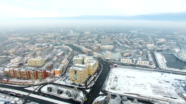 Aerial:-Snow-capped-city-of-Kaliningrad,-Russia