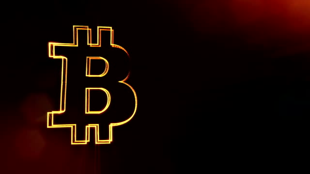 Bitcoin-Symbol.-Finanzieller-Hintergrund-aus-Glühen-Teilchen-als-Vitrtual-Hologramm.-Glänzende-nahtlose-3D-Animation-mit-Tiefe-des-Feldes,-Bokeh-und-Kopie-Raum...-Dunklen-Hintergrund-1