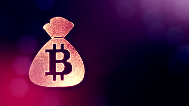 Bitcoin-Logo-auf-der-Tasche.-Finanzkonzept.-Finanzieller-Hintergrund-aus-Glühen-Teilchen-als-Vitrtual-Hologramm.-Glänzende-Schleife-3D-Animation-mit-Tiefe-Feld,-Bokeh-und-Kopie.-Violettem-Hintergrund-1