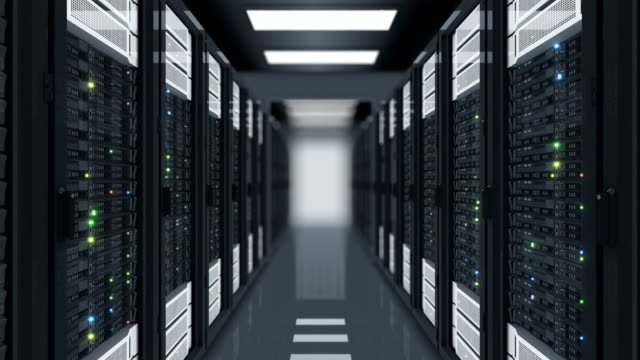 Schleife-durch-die-Server-Racks-im-Rechenzentrum-DOF-Bewegungsunschärfe.-Schöne,-nahtlose-3D-Animation-mit-flackernden-Lichtern-der-Computer.-Big-Data-Cloud-Technologie-Konzept.