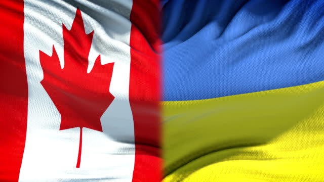 Canada-and-Ukraine-flags-background,-diplomatic-and-economic-relations,-business