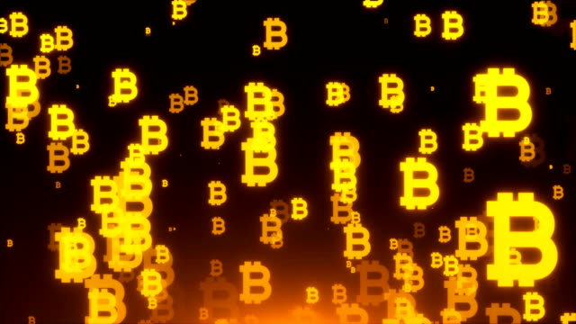 Viele-goldene-Bitcoin-Symbole-sind-im-Weltraum,-Business-3d-Rendering-Hintergrund,-Internet-Kulisse
