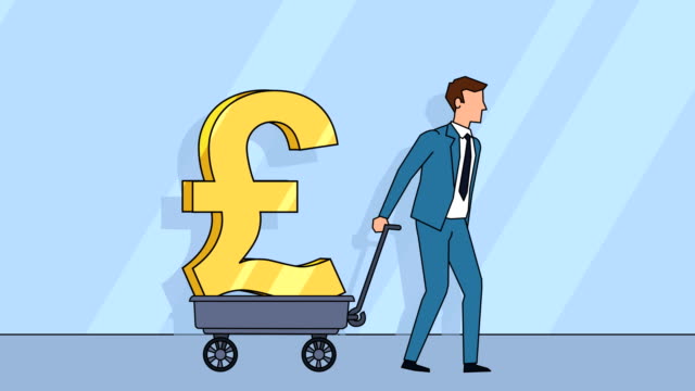 Flache-Zeichentrickfigur-Geschäftsmann-zieht-Wagen-mit-Pfund-Sterling-Zeichen-Geld-Konzept-Animation-mit-alpha-matt
